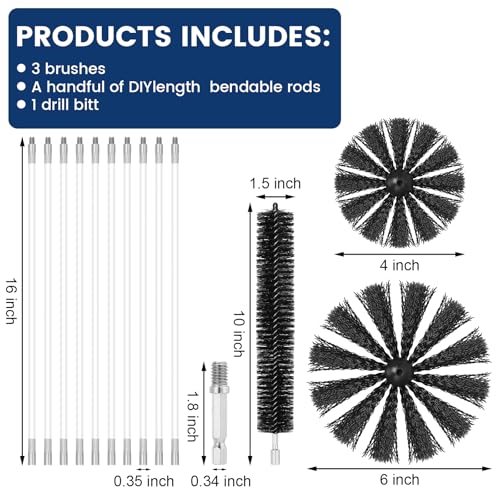 HOKLNUSE Dryer Vent Cleaner Kit Ducts Cleaning Kit for Dryer Air Duct HVAC Vent Fireplace Chimney Pellet Stove Gutter Downspout Dryer Vent Lint Removers with 1.5" 4" 6" Brush Heads(30 Feet) - size: 30 Feet