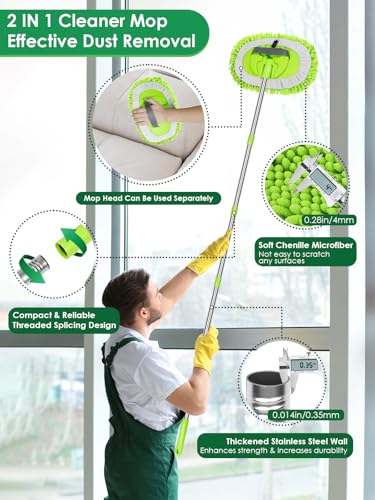 2 in 1 Lightweight Wall Cleaner Mop with Long Handle 75" 190cm Ceiling Duster Lint-Free Chenille Fiber Mop for Kitchen Baseboard Floor Glass Window Roof Cleaning Washer Scrubber Brush Tool Wet Dry Use - color: Green