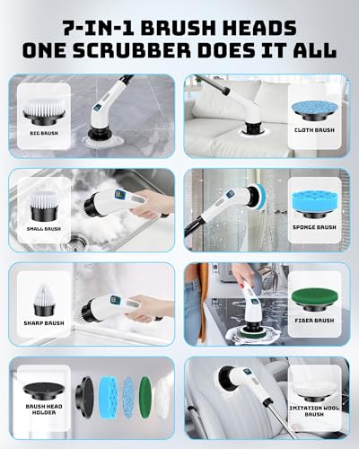 Electric Spin Scrubber for Bathroom | Shower Cleaner Brush with Long Handle | Dual Speed Cordless Power Scrubber with 7 Brushes Heads | IPX7 Waterproof Scrub Brush for Bath Tub Tile Grout Glass Tool