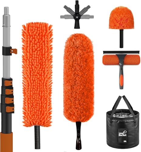 SISUPASSIE 30FT Reach High Ceiling Duster Kit, Window Cleaning kit with 5-24FT Extension Pole, Fan Duster for Ceiling Fan Blades, Microfiber Feather Duster, Window Squeegee, Bucket and Cobweb Duster - size: 24FT
