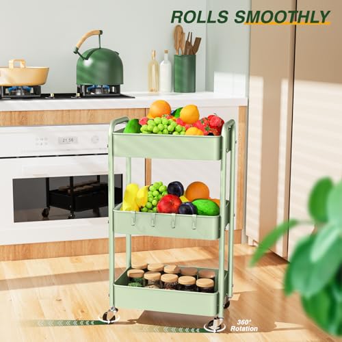 LEHOM 3 Tier Rolling Cart, Metal Rolling Utility Cart with Lockable Wheels & Hooks, Multi-Functional Heavy Duty Storage Cart Organizer for Bathroom, Kitchen, Office, Living Room - color: Green