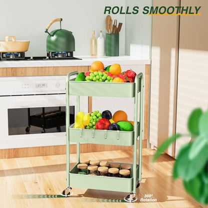 LEHOM 3 Tier Rolling Cart, Metal Rolling Utility Cart with Lockable Wheels & Hooks, Multi-Functional Heavy Duty Storage Cart Organizer for Bathroom, Kitchen, Office, Living Room - color: Green