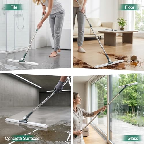 29"-49" Telescopic Pole Floor Squeegee for Concrete Floor, 21.85" Wide Heavy-Duty Squeegee with Detachable Stiff Brush, Large Squeegee Broom for Tile Floor, Garage, Swimming Pool, Bathroom - size: 21.9" wide