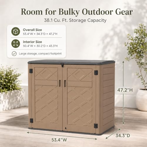 ADDOK 38 Cu.Ft Outdoor Storage Shed with Floor,Large Waterproof Resin Storage Cabinet with Lift-Up Lid,Double Doors and Lockable Design for Lawn Mower,Garden Tools, Patio,Backyard and Pool Supplies - size: Coffee 38 Cu.Ft