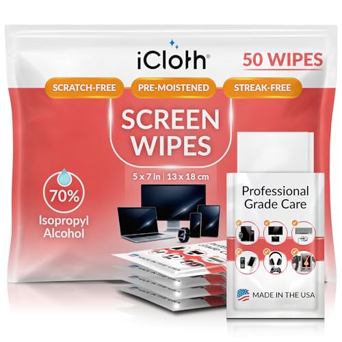 iCloth 70% Isopropyl Alcohol Large Screen and Electronics Wipes, Lint-Free, Streak-Free, Fast-Drying, Removes Dust and Fingerprints (50 Wipes)
