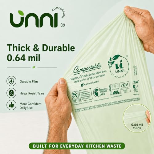 UNNI 1.6 Gallon Compostable Trash Bags with Tie Handles, 200 Count Small Food Scrap Kitchen Compost Bags for Countertop Bin, Certified by BPI, CMA & OK compost HOME, Meets ASTM D6400 - size: 200 Count (Pack of 1), style: 1.6 Gallon