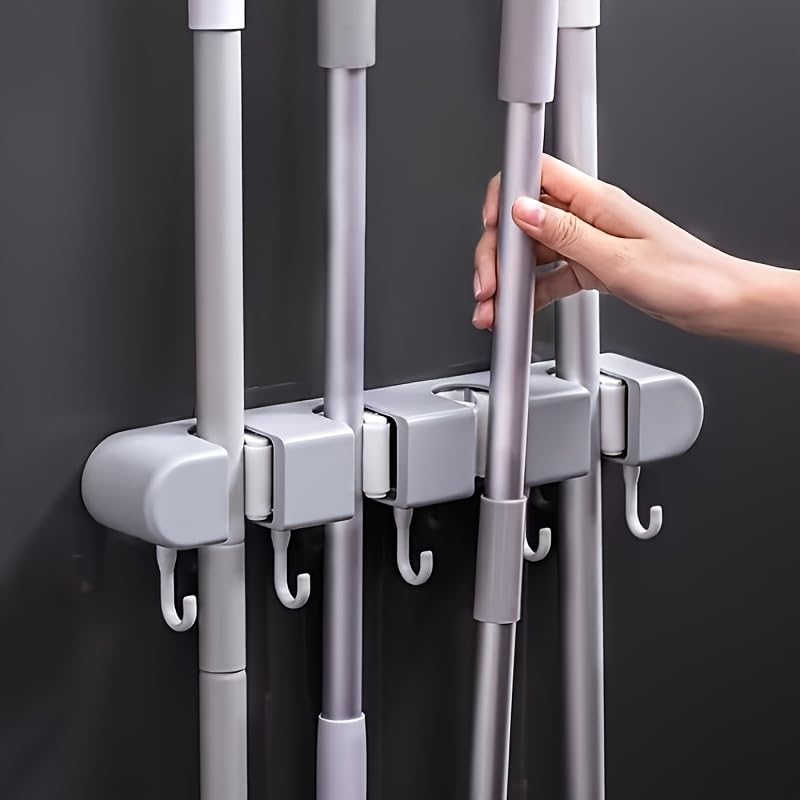 Multi-Functional Mop Broom Holder - No-Drill Wall-Mounted Rack with Strong Adhesive & Elastic Silicone Clips& Hooks for Bathroom/Kitchen