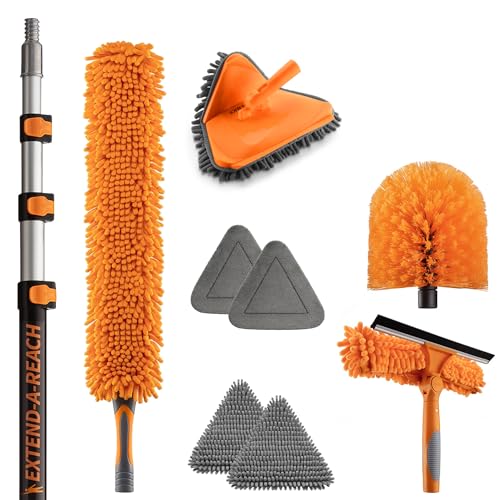 20 Foot High Reach Duster Kit with 4-12 ft Extension Pole // High Ceiling Dusting and Window Cleaning Kit with Telescopic Pole // Baseboard and Wall Washer Mop, Squeegee, Fan Blade & Cobweb Dusters - size: 12 feet