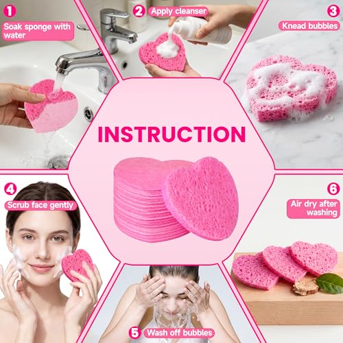 80-Count Compressed Cellulose Heart Shape Facial Sponges – 100% Natural Cosmetic Sponges for Gentle Facial Cleansing, Exfoliating, Makeup Remover & Mask Application, Reusable Travel Size