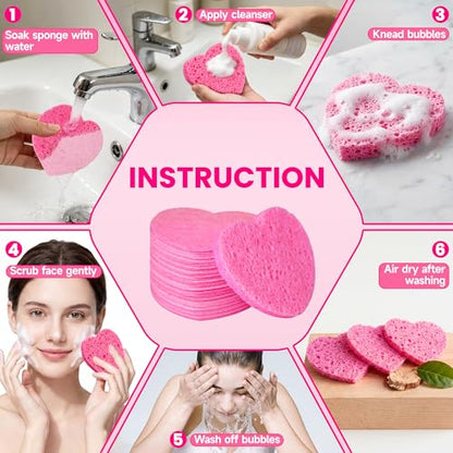 Silkyhose Women 120-Count Compressed Cellulose Heart Shape Face Facial Sponges 100% Natural Cosmetic Sponges for Facial Cleansing Exfoliating Mask Skin Massage (（Pink） 120 Count)