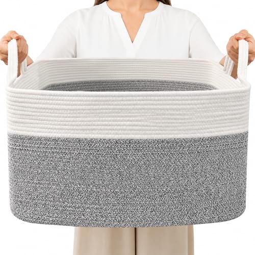 Large Blanket Basket,Woven Rope Basket Storage Bin with Handles,65L Rectangle Laundry Basket for Magazines,Toys,Clothes,Newspaper Shelf Organization,Nursery and Living Room,White&Grey - color: White & Grey, size: 21"x16"x12"(65L)