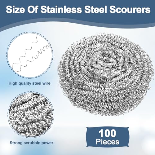 100 Pieces Stainless Steel Scrubber Bulk, 18G Heavy Duty Metal Scouring Pad for Kitchen, Bathroom, Oven, Grill, Pot, Pan Cleaning - Rust Resistant & Reusable