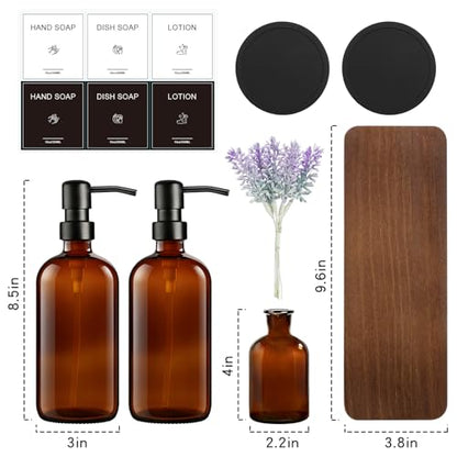 KEYWING Kitchen Soap Dispenser Set with Wood Tray, 16oz Amber Glass Soap Dispensers with Stainless Steel Pumps, Hand and Dish Soap Dispenser Set for Kitchen, Soap and Lotion Dispenser Set for Bathroom