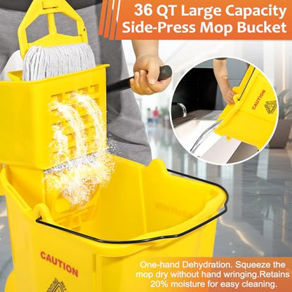 38 Qt Commercial Mop Bucket with Side Press Wringer on Wheels and Mops Set for Floor Cleaning,Including 1 Industrial Mop and Wet Floor Caution Sign,Yellow,Beyoco