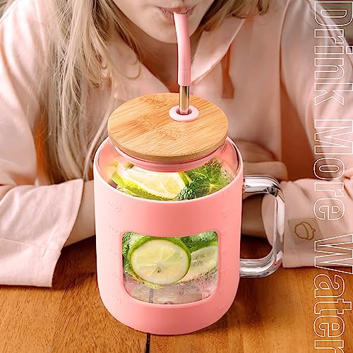 WINSA 50 oz Glass Water Bottles with Silicone Sleeve,Glass Tumbler with Lid and Straw,Iced Coffee Cup with Handle,BPA Free-Pink - color: Pink