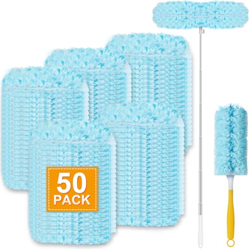 50Pcs Duster Refill Compatible with Swiffer Hand Duster +4FT Extended Handle +1 Handle, 360° Heavy Duty Duster Refills Kit for Cleaning, Office, Ceiling Fan, Baseboard & Blind - size: 50Pcs+2Handle