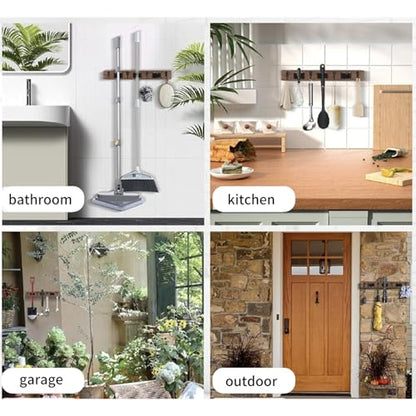 Left Pull Out Broom Holder Wall Mount, Broom and Mop Organizer Wall Hanging for Garage Garden Organize, Rustic Wood Broom Hanger with 4 Slots and 4 Hooks for Home Décor, Kitchen and Closet