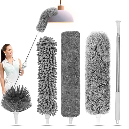 Duster for Cleaning 5-in-1 Kit, 100 Inches Duster with Extension Pole, Extendable Duster, Microfiber Feather Duster, Cobweb Dusters for High Ceilings, Furniture, Blinds, Wall- Grey - color: Gray