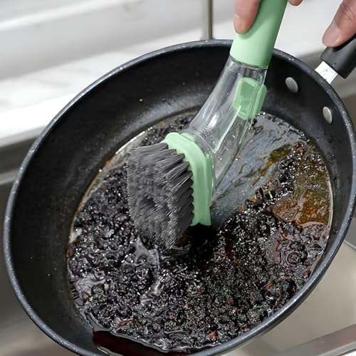 2-in-1 Soap Dispensing Dish Brush with Handle - Kitchen Scrub Brush for Easy Cleaning of Dishes, Pots, Pans, and Sinks (Green) - Efficient and Ergonomic Design Green - color: Green