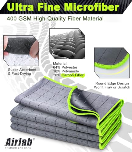 Airlab Magic Cleaning Cloth Window Glass Cleaner Carbon Microfiber Towels Kitchen Bathroom Lint Free Rags Car Wipes Drying Auto Detailing, Pack of 4, 20" x 16", Grey-Green - color: 20 X 16 Inch, Pack of 4, Grey-green