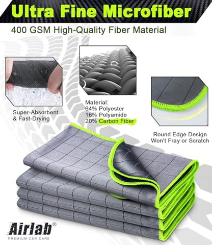 Airlab Magic Cleaning Cloth Window Glass Cleaner Carbon Microfiber Towels Kitchen Bathroom Lint Free Rags Car Wipes Drying Auto Detailing, Pack of 4, 20" x 16", Grey-Green - color: 20 X 16 Inch, Pack of 4, Grey-green