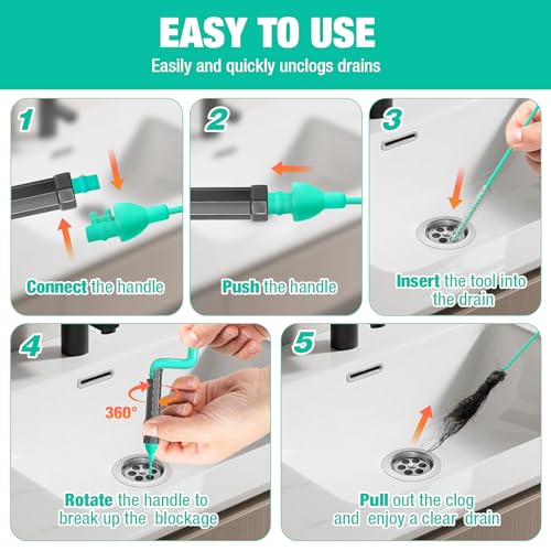 Bathroom Drain Hair Remover Tool with Rotating Handle, Reinforced Steel Core Drain Snake Cleaner for Shower, Bathtub and Bathroom Sink, Flexible Hair Clog Removal Tool for Narrow Drains(6PCS)