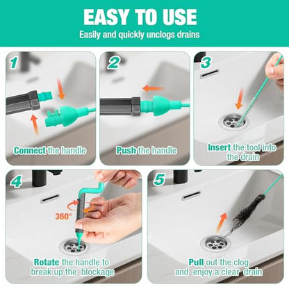 Bathroom Drain Hair Remover Tool with Rotating Handle, Reinforced Steel Core Drain Snake Cleaner for Shower, Bathtub and Bathroom Sink, Flexible Hair Clog Removal Tool for Narrow Drains(6PCS)