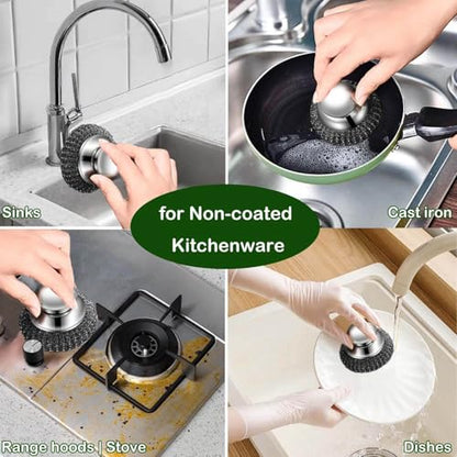 Steel Wool Scrubber with 2 Handles & 3 Replacement Wire Sponge(Scouring Pads) - Stainless Metal Cleaner Heavy Duty Brush for Pots, Pans, Cast Iron, Grill, Sink, Dishes, Stove, Kitchen Deep Clean