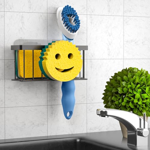 MURLONG Sponge Holder Smiley Face, Sink Organizer with 2 Suction Cups/1 Adhesive Strips, Designed for Sponge, Soap, Dish Brush, Scrubber - Black - color: Black
