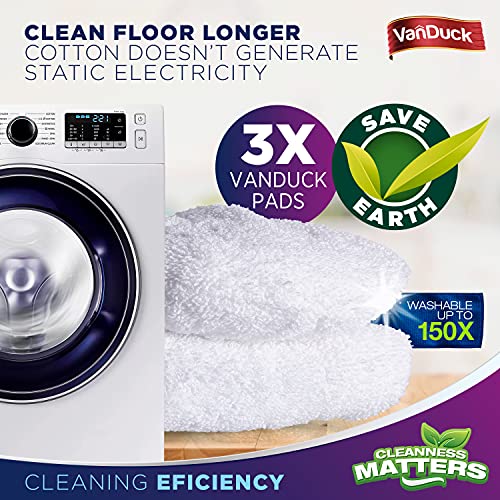 VanDuck 100% Cotton Terry Mop Pads 15x8 Inches, 3-Pack (Mop Not Included) | Reusable terry cloth mop covers, cotton replacement pads, floor cleaning refills, machine washable