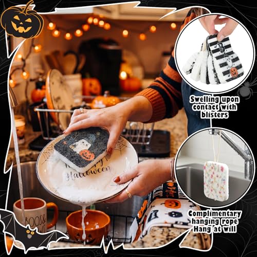 Hahafelt 36 Pack Halloween Compressed Cellulose Sponges Bulk Pop up Ghost Pumpkin Skull Kitchen Sponges Natural Kitchen Compostable Non Scratch Dish Tools for Washing Dishes Cleaning Countertop Sink - style: Halloween Ghost