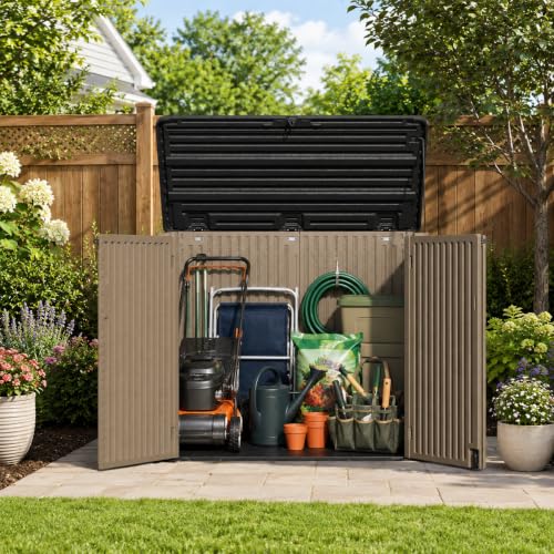 ADDOK 38 Cu.Ft Outdoor Storage Shed with Floor,Large Waterproof Resin Storage Cabinet with Lift-Up Lid,Double Doors and Lockable Design for Lawn Mower,Garden Tools, Patio,Backyard and Pool Supplies - size: Coffee 38 Cu.Ft