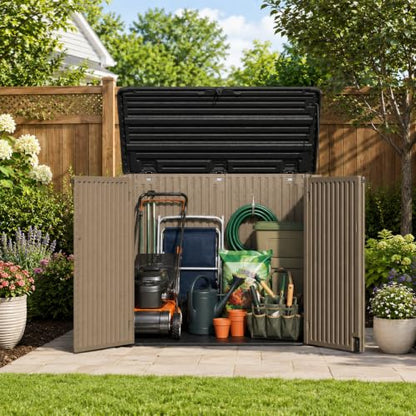 ADDOK 38 Cu.Ft Outdoor Storage Shed with Floor,Large Waterproof Resin Storage Cabinet with Lift-Up Lid,Double Doors and Lockable Design for Lawn Mower,Garden Tools, Patio,Backyard and Pool Supplies - size: Coffee 38 Cu.Ft