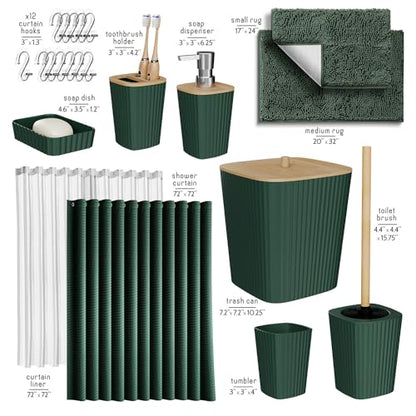 Clara Clark Bathroom Accessories Set - Bathroom Set, Bathroom Sets with Shower Curtain and Rugs, Shower Curtain Set with Bathroom Trash Can - Green - 22PC - color: Hunter Green, size: Complete Set + Bath Rugs