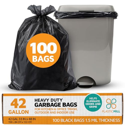 PlasticMill Heavy Duty Black Tall Trash Can Liners - 42-Gallon Large Kitchen Trash Bags, 1.5 Mil, 33"x48" (100-Count) - size: 1.5 Mil/100 Bags