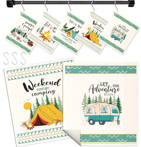 Miss Adola Swedish Dishcloths for Kitchen with Hooks - Reusable Dish Cloths for Washing Dishes Fast Drying Cute Fun 5 Pack Swedish Dish Towels Washable Cleaning Sponge, Green Camping - color: Green Camping