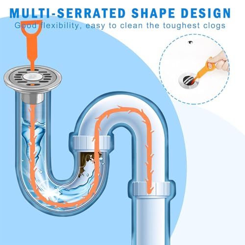 5Pcs Drain Snake, 20In Flexible Durable Sink Snake Auger Cleaner Tool with Barbed Teeth for Kitchen Bathroom Shower Tub Toilet Sewer, Clog Hair Remover Tool, Easy to Use Drain Opener, Orange