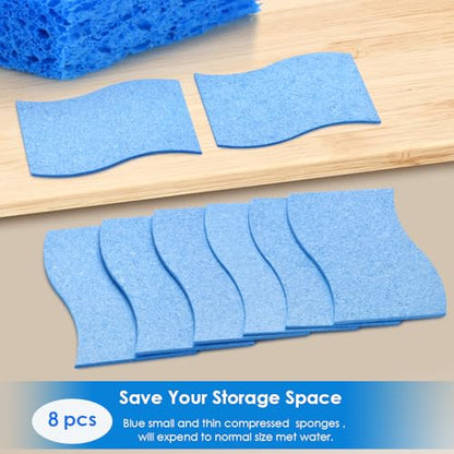 8PCS Blue Dish Washing Kitchen Sponge, Compressed Pack, Save Space | Non Scratch Scrub Sponge, Compressed to Save Space, Sponges for Cleaning Kitchen and Bathroom, Cleans Quickly and Well