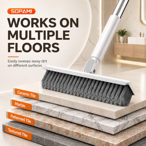 SOPAMI Grout Cleaner Brush with Long Handle, V-Shaped Floor Scrub Brush Swivel Grout Brush Stiff Bristle Floor Grout Scrubber for Bathroom, Tile Line, Crevice, Kitchen, Wall, Deck, Garage