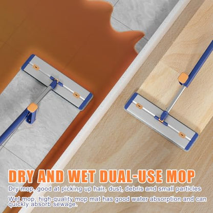 16.5" Self Wringing Flat Mop with Collapsible Bucket, Wet Dry Floor Cleaner System with 55" Long Handle, Foldable Bucket & 5 Microfiber Pads for Hardwood, Tile and Wall - size: New Mop & 5 microfiber mop pads & Folding bucket