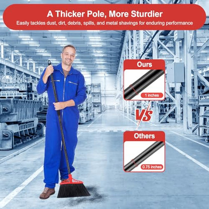 Tiumso Heavy Duty Angle Broom - 55" Adjustable Iron Handle with Stiff Bristles - Commercial-Grade Indoor/Outdoor Broom for Garage, Patio, Kitchen, Sidewalk & Concrete Cleaning (Black & Red) - color: Black and Red