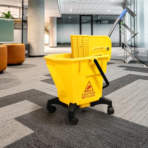 6.6 Gallons Mop Bucket with Wringer - Non-Tip Design & Heavy-Duty Plastic, Spin Mop System for Hardwood Floors, Space-Saving Single Bucket (Yellow, 6.6 Gallons)