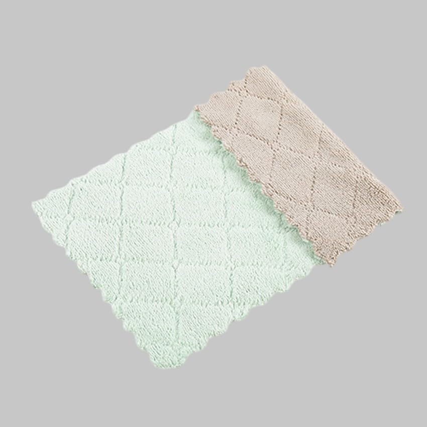 4PCS Double-Layer Microfiber Absorbent Cleaning Cloths Coral Fleece Dishcloths Scouring Rags Reusable Washable Kitchen Towel,Green Grey