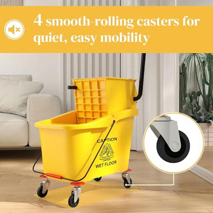 38 Quart Mop Bucket with Down Press Wringer on Wheels, Rolling Floor Cleaning Bucket with Handle, Commercial Cleaning System (Yellow) (Yellow) - color: Yellow