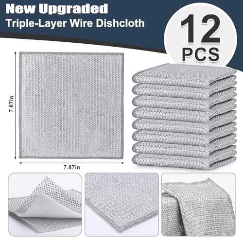 Navona 12 Pcs New Upgrade Steel Wire Dishcloth,Triple-Layer Steel Wire Cleaning Cloth,Powerful Cleaning Non-Scratch Wire Dishcloth Rag for Cookware, Sinks, Dishes, Stove Tops - color: 12-pack（triple-layer）