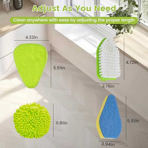 4-in-1 Tile Tub Floor Scrubber with 52-inch Adjustable Long Handle Shower Cleaner Brush with V-Shaped Grout Brush and 3 Replacement Brush Heads for Cleaning Bathroom Kitchen Walls Tub Tile