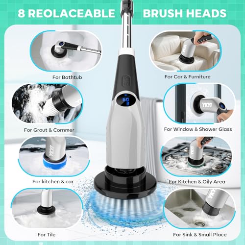 YKYI Cordless Electric Spin Scrubber, Power Cleaning Brush with 8 Replaceable Heads & Extension Handle for Bathroom, Tub, Tile, Floor, Car