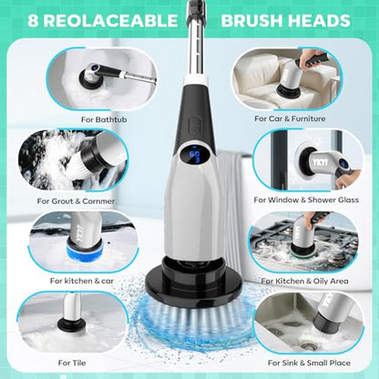 YKYI Cordless Electric Spin Scrubber, Power Cleaning Brush with 8 Replaceable Heads & Extension Handle for Bathroom, Tub, Tile, Floor, Car