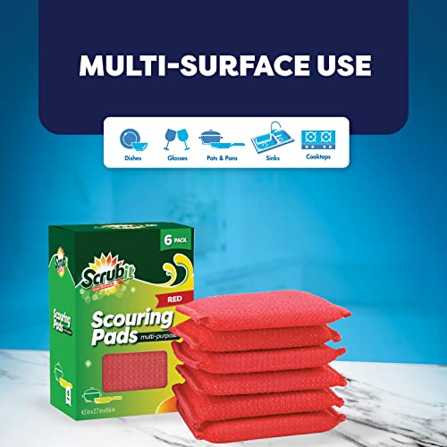 SCRUBIT Multi-Purpose Scouring Pad - Non-Scratch Cleaning Sponges for Pots, Pans, Dishes, Utensils & Non-Stick Cookware - Scrubbing Pads Use for Kitchen, Bathroom - 6 Pack Dish Sponge- (Red) - color: Red