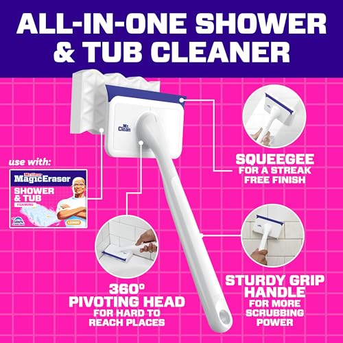 Mr. Clean Magic Eraser Shower & Tub Scrubber, Bathroom Cleaner, All in One Bathroom Cleaner, Lemon Starter Kit, 1 Scrubber & 2 Foaming Magic Erasers (Pack of 8) - size: 1 Device + 2 Refills (Pack of 8)